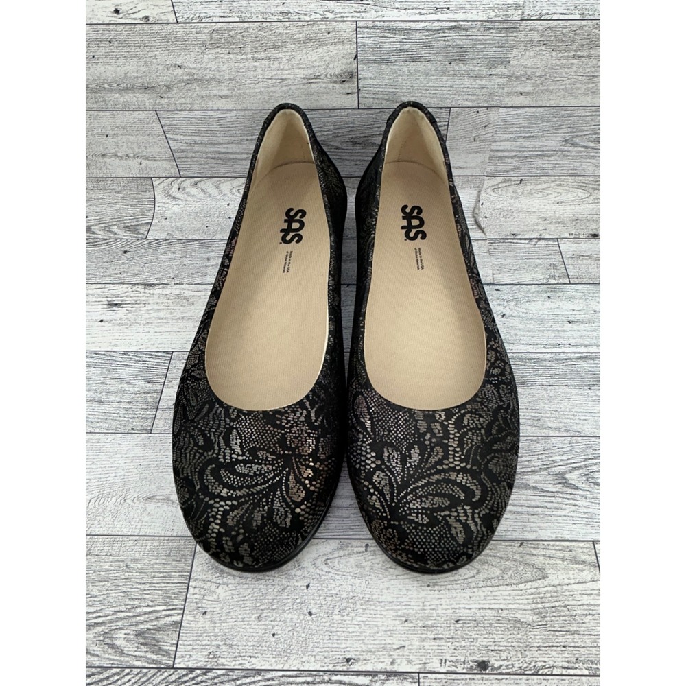 SAS Scenic Women Sz 9 W Black Bronze Lace Leather Ballet Flats Made in USA - Picture 3 of 13